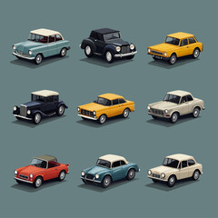 Collection of Cartoon Classic Cars on a Teal Background