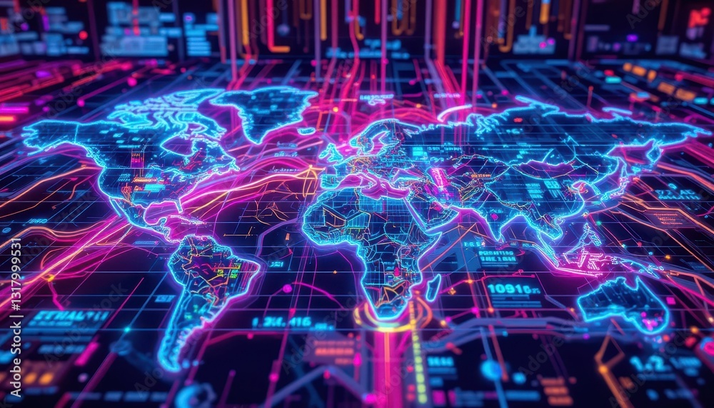 Poster neon digital world map with circuit lines and data visualization
