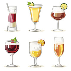 Assortment of Cocktails and Drinks, Isolated Illustration, Refreshments Concept