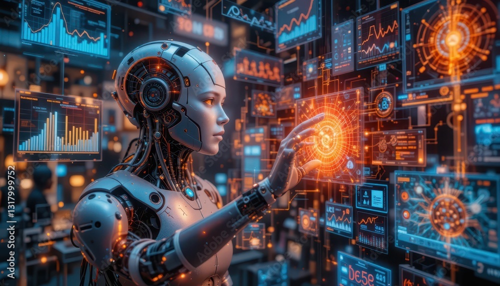 Poster futuristic robot engaging with data visualizations and analytics