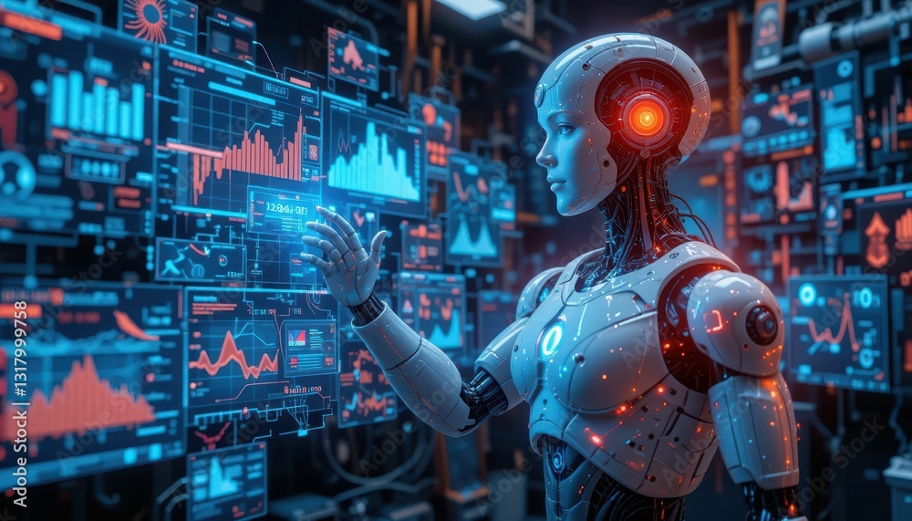 Poster futuristic robot interacting with data visualizations in digital space