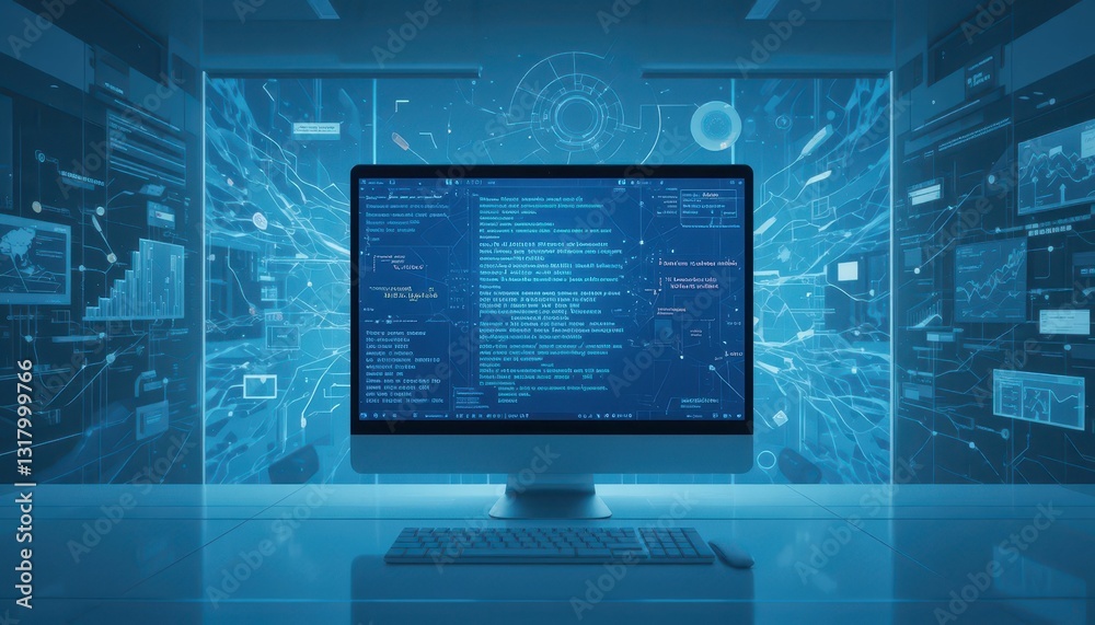 Poster computer monitor displaying code in modern digital workspace