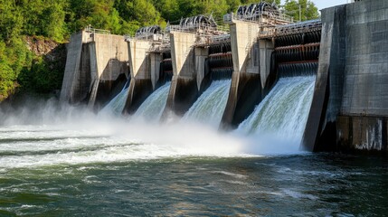 Water flows powerfully from a hydroelectric dam surrounded by lush greenery and blue skies