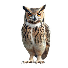 Fototapeta premium Large brown owl with yellow eyes stands on transparent background
