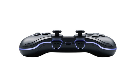 A sleek black video game controller with a transparent background, featuring vibrant blue accents, perfect for gaming enthusiasts.