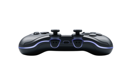 A sleek black video game controller with a transparent background, featuring vibrant blue accents, perfect for gaming enthusiasts.