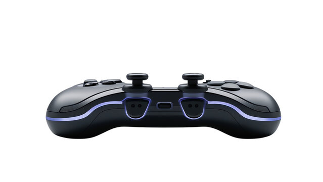 A sleek black video game controller with a transparent background, featuring vibrant blue accents, perfect for gaming enthusiasts.