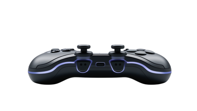 A sleek black video game controller with a transparent background, featuring vibrant blue accents, perfect for gaming enthusiasts.