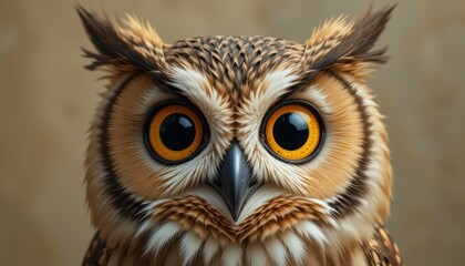 Fototapeta premium Majestic Owl: A Close-Up Portrait of a Brown and Tan Owl with Bright Orange Eyes