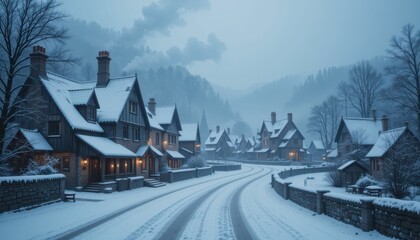 Fototapeta premium Scenic Winter Village Under Snowy Sky at Dusk Near Mountains