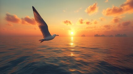 Seagull soars over ocean illuminated by the golden sunset