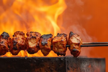 Skewered pieces of cooked meat grilling above the flames