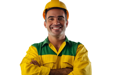 happy and smiling man, wearing construction clothing in the colors of the Brazilian flag, with his arms crossed, on a white background
