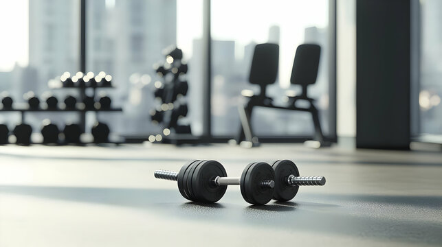 Black Dumbbells On Gym Floor With City View In Modern Fitness Center Exercise Equipment For Strength Training And Bodybuilding