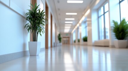 Obraz premium Indoor plant stands in hospital corridor, waiting area background, commercial use