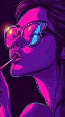 Stylized digital illustration of a person with neon glasses in a cyberpunk aesthetic