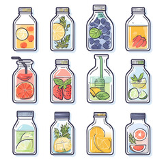 Colorful fruit infused water bottles, refreshing beverages, vector illustration