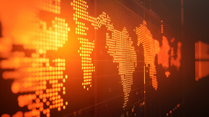 Abstract Geometric World Map in Orange and Black Colors for Modern Design and Technology Backgrounds