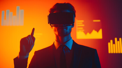 Businessman Wearing Virtual Reality Headset Engaging with Data Analytics in Futuristic Environment