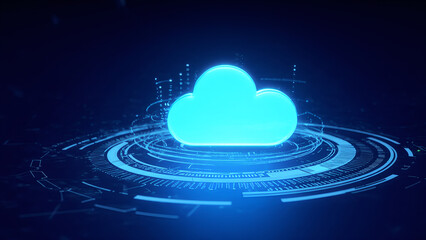 Glowing Cloud Computing Symbol with Digital Hud Interface on Dark Blue Background Illustrating Modern Technology.