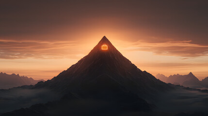 Majestic Pyramid at Sunset Surrounded by Clouds with Glowing Symbol Representing Innovation and Adventure