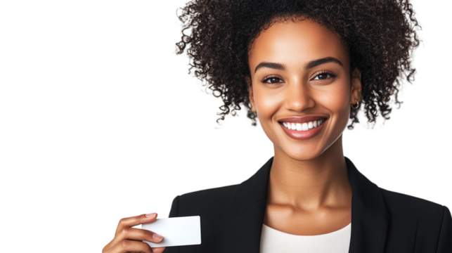 Portrait of a smiling businesswoman holding a business card, isolated on transparent background.