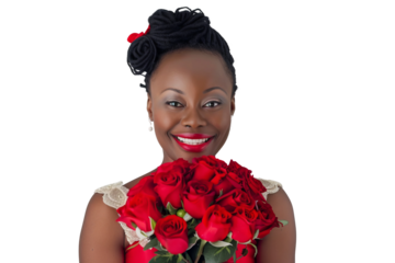 happy and smiling woman, holding a bouquet of red roses, wearing a light red dress, on a white background