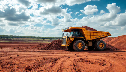 Yellow dirt truck filled with soil at construction site