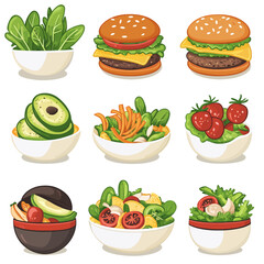 Illustration of assorted food bowls including burgers, salads, and avocados