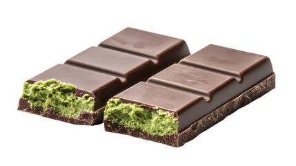 Set of delicious chocolate bars with green matcha cream, isolated on a transparent background, cutout png file.