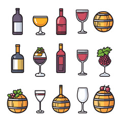 Wine bottles, glasses, and barrels icons design set on white.