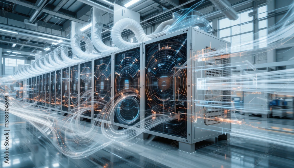 Poster advanced data center infrastructure with high-tech server racks