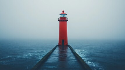 Red lighthouse stands tall on a pier in foggy weather