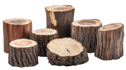 Set of tree stumps isolated on a white cutout.