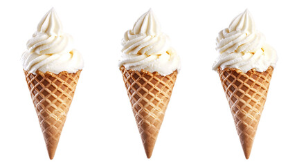 Set of vanilla ice cream waffle cones, isolated on transparent background.