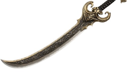 Ornate curved sword, studio shot