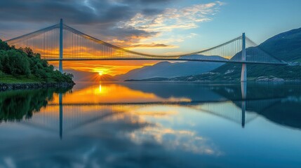 Obraz premium Sunrise over fjord bridge, calm waters, mountains. Travel poster