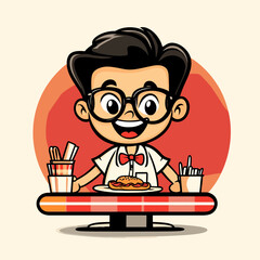Cartoon boy with glasses eating a hotdog at table. Vector illustration.
