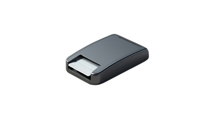 A sleek, modern black stapler with a transparent background, sitting on a reflective surface and showcasing its minimalist design.