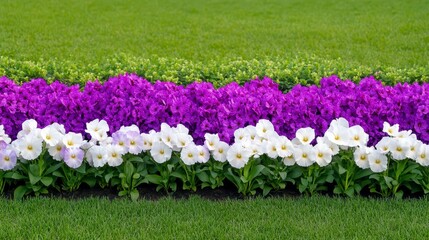 Vibrant Garden Bed with Purple and White Flowers in Sunny Landscape