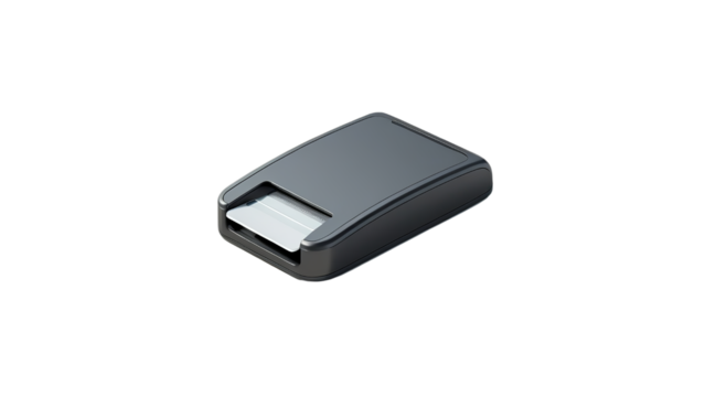 A sleek, modern black stapler with a transparent background, sitting on a reflective surface and showcasing its minimalist design.