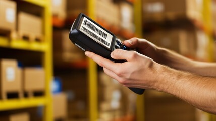 Inventory management concept. A person using a handheld scanner in a warehouse filled with boxes.