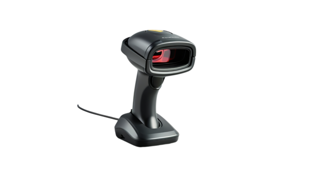 A sleek black barcode scanner with a transparent background and a modern design, ideal for retail and inventory applications.