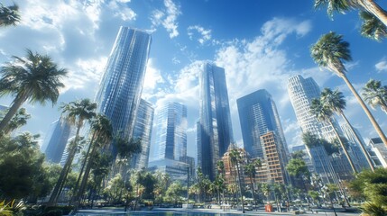 Cityscape with Tall Buildings and Palm Trees Under a Bright Blue Sky with Clouds