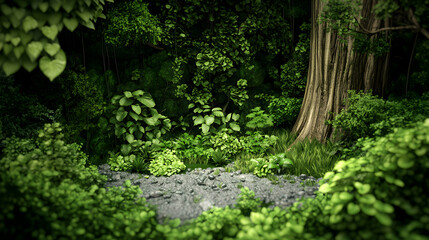 Lush green jungle environment with thick vegetation surrounding a path