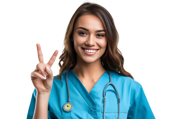 happy and smiling woman wearing blue doctor's clothes with yellow details, on a white background