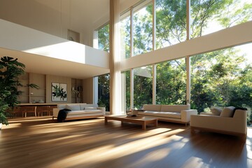 Fototapeta premium Bright living room with huge windows overlooking trees, for interior design use