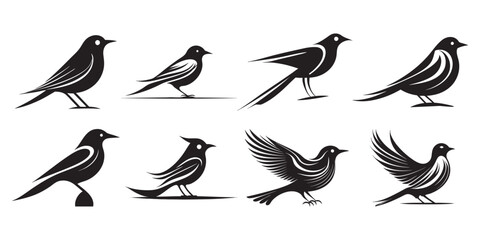 Elegant Black and White Bird Silhouettes in Vector Style, Set of Stylized Bird Icons with Modern Artistic Shapes, Collection of Decorative Bird Illustrations in Monochrome.