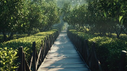 Obraz premium Sun-Dappled Path, Serene Wood Bridge Through Lush Greenery Tunnel