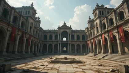 Fototapeta premium Abandoned Grand Courtyard with Historic Architecture and Flags